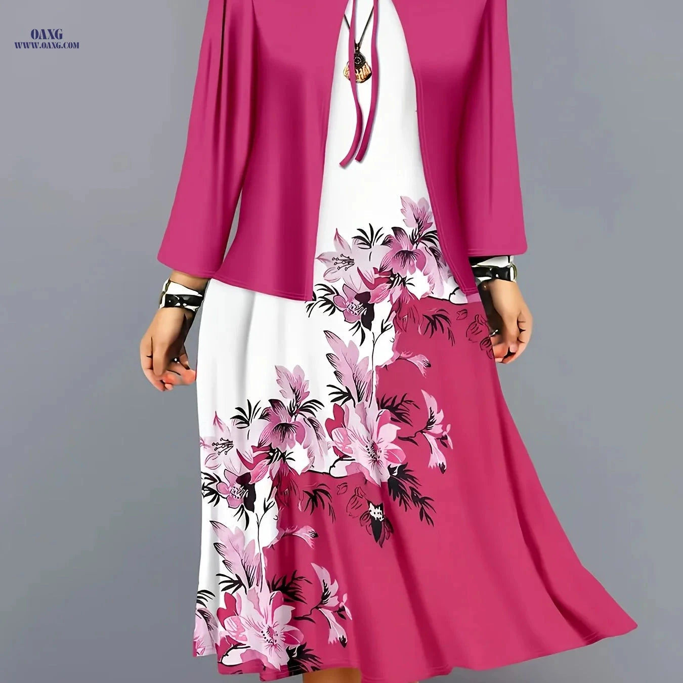 Elegant Floral Print Maxi Dress Set - Spring/Autumn Casual Outfit   OAXG Blue+Light White / S