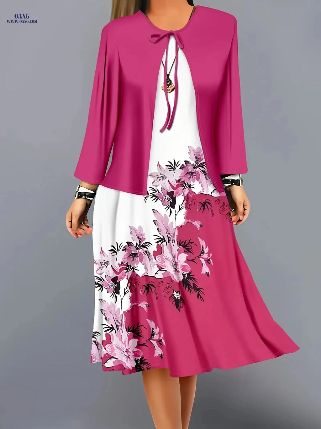 Elegant Floral Print Maxi Dress Set - Spring/Autumn Casual Outfit   OAXG Blue+Light White / S