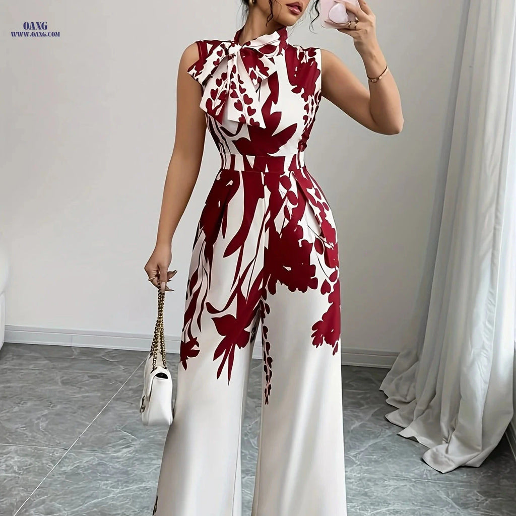 Elegant Floral Print Maxi Jumpsuit - High Neck, Sleeveless Design   OAXG 