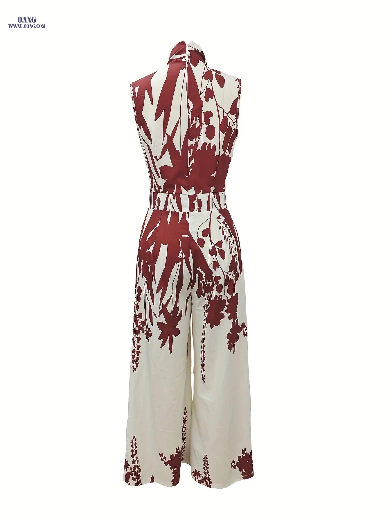 Elegant Floral Print Maxi Jumpsuit - High Neck, Sleeveless Design   OAXG Red / S