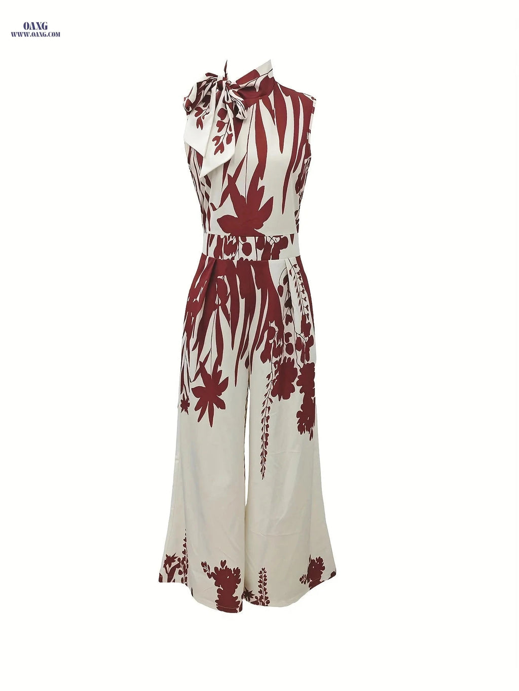 Elegant Floral Print Maxi Jumpsuit - High Neck, Sleeveless Design   OAXG Red / S