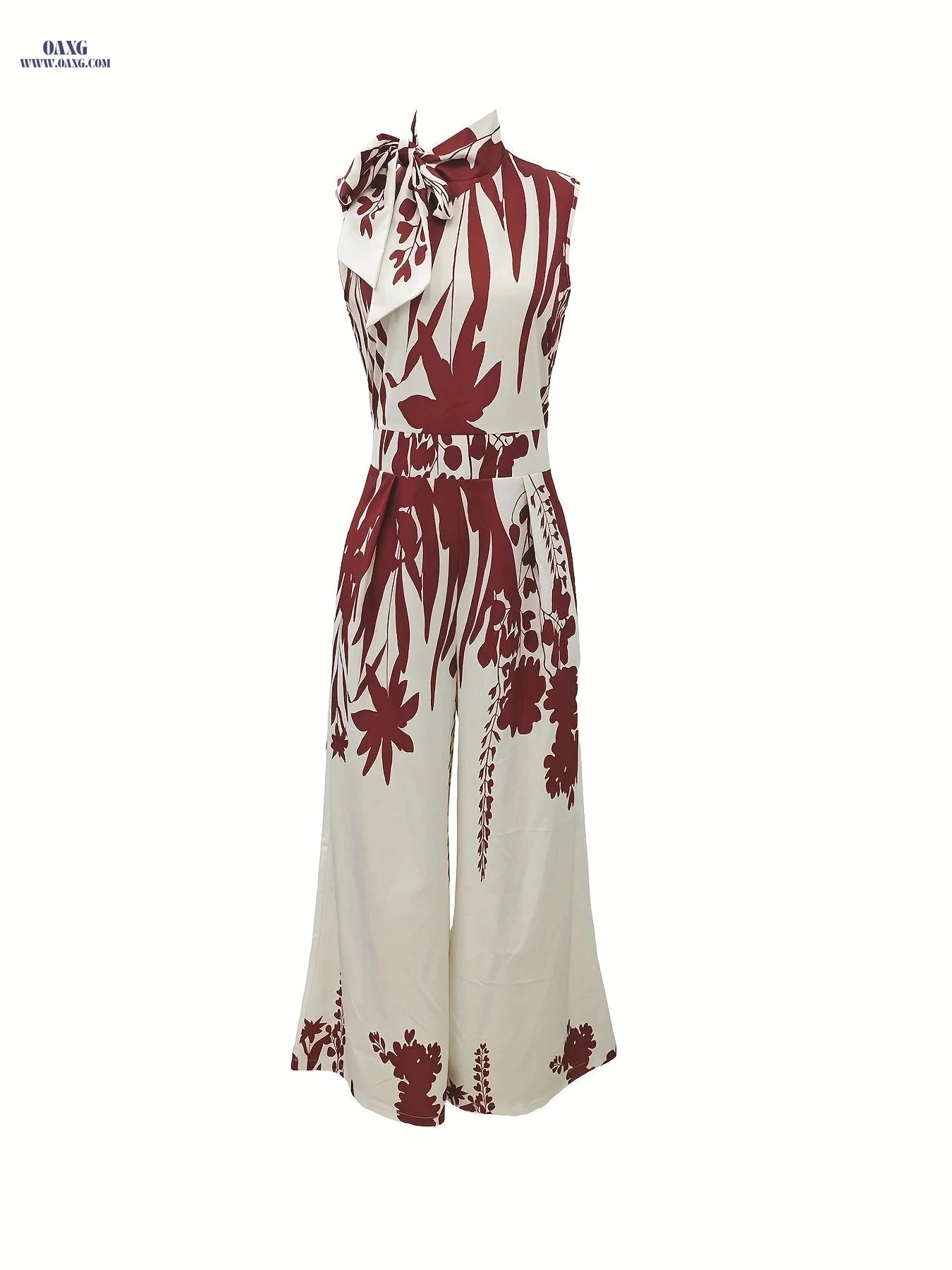 Elegant Floral Print Maxi Jumpsuit - High Neck, Sleeveless Design   OAXG Red / S
