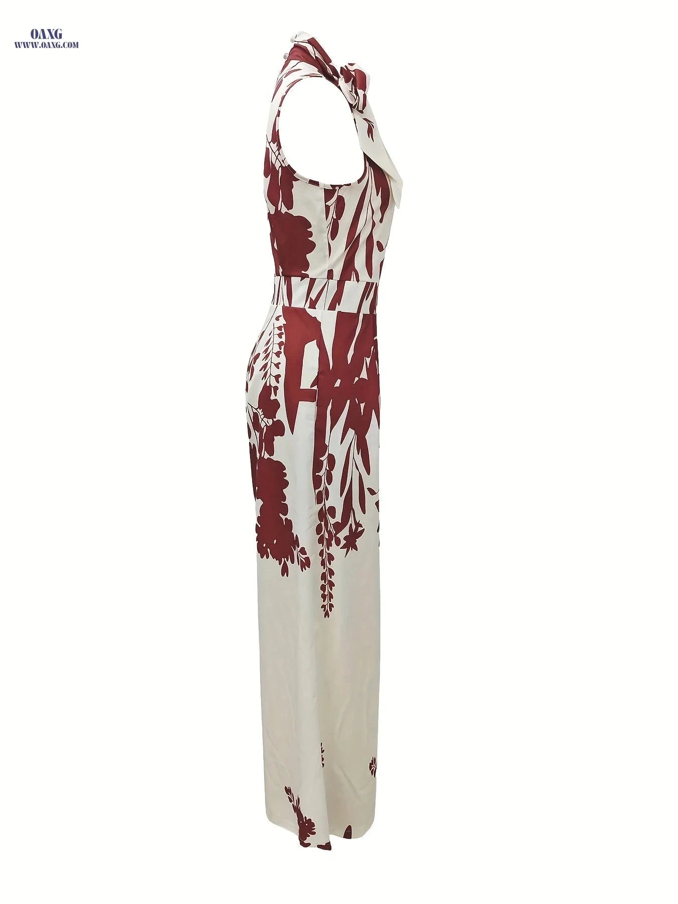 Elegant Floral Print Maxi Jumpsuit - High Neck, Sleeveless Design   OAXG Red / S