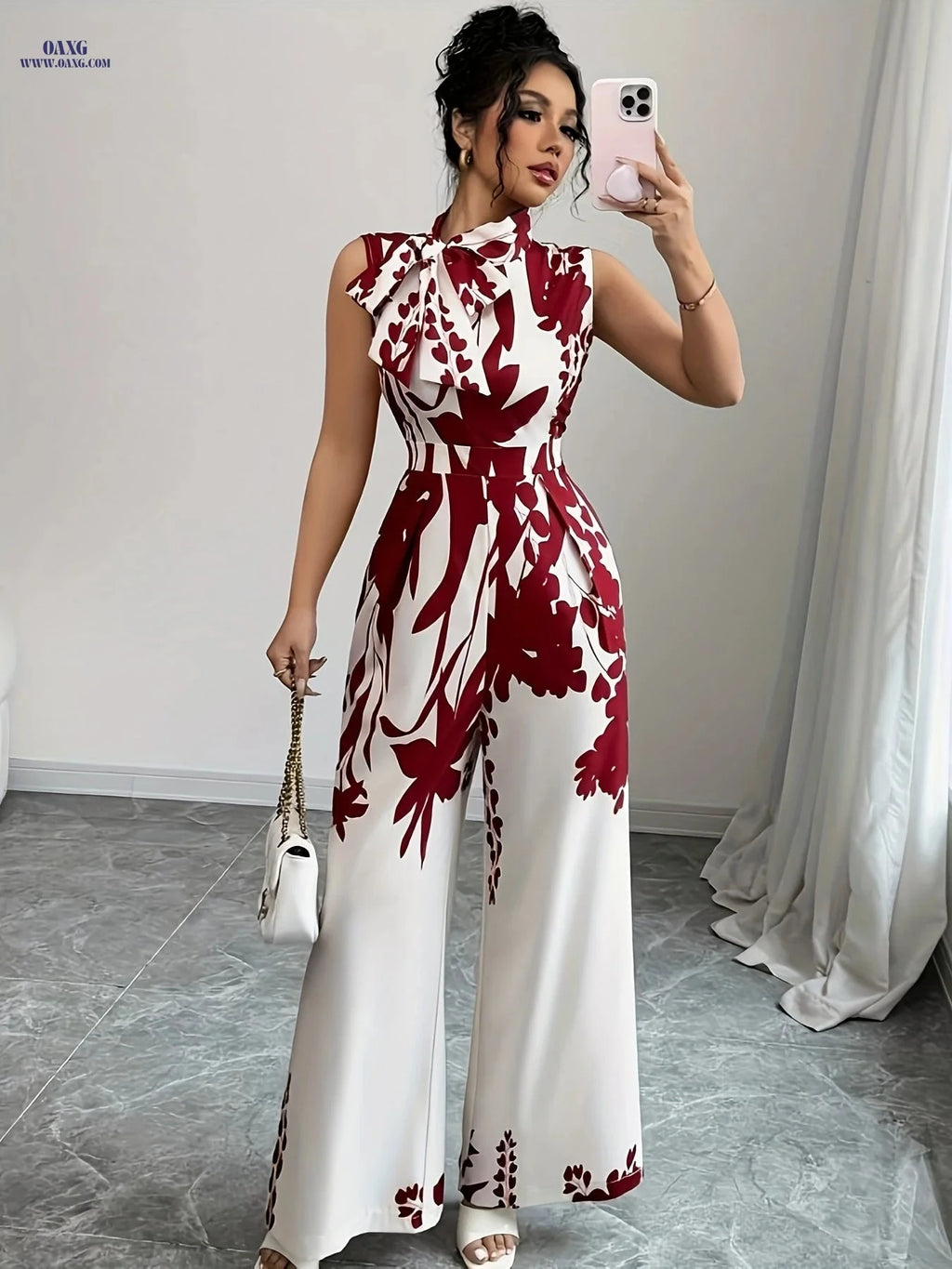 Elegant Floral Print Maxi Jumpsuit - High Neck, Sleeveless Design   OAXG Red / S