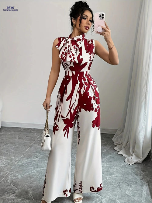 Elegant Floral Print Maxi Jumpsuit - High Neck, Sleeveless Design   OAXG Red / S