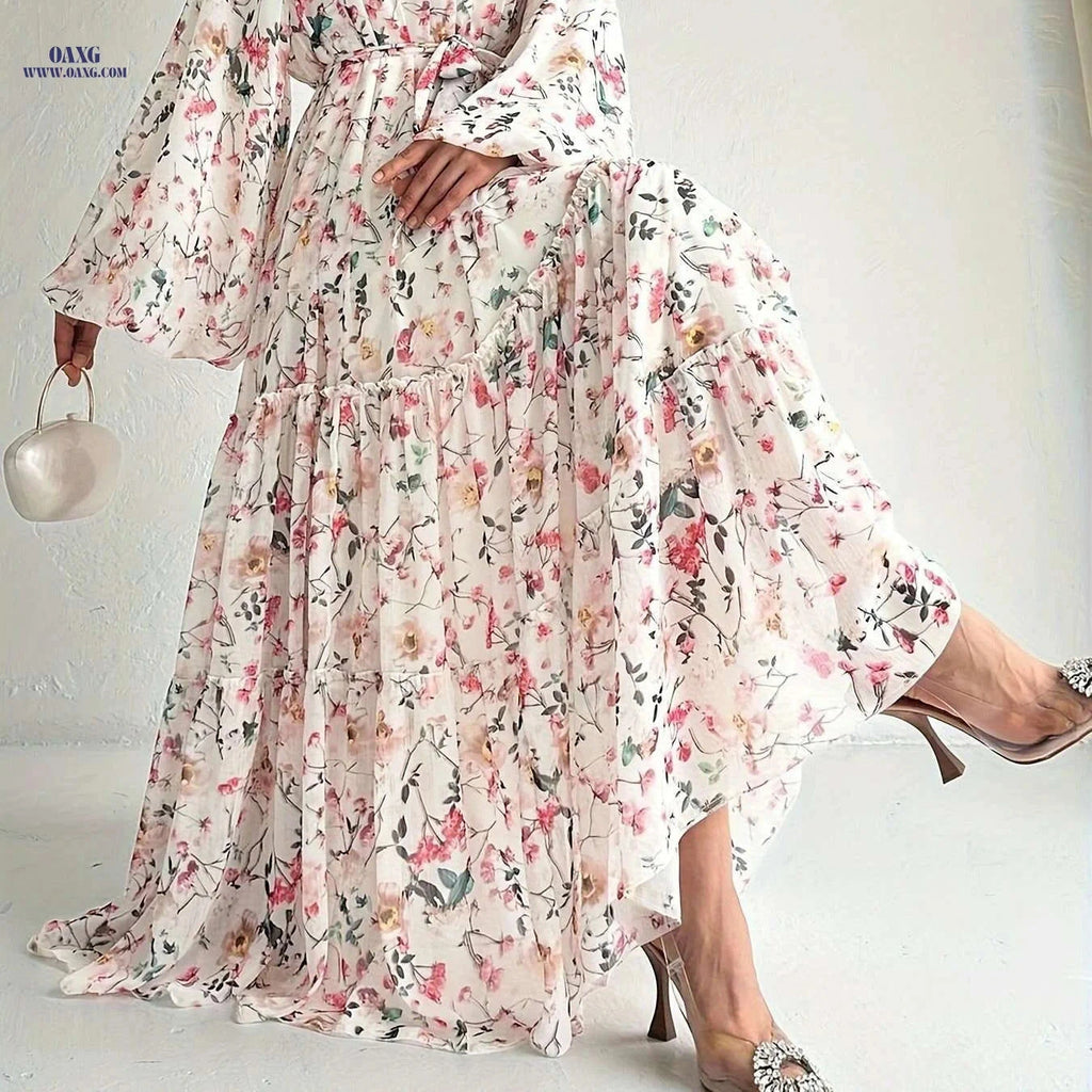 Elegant Floral Print Maxi Kaftan Dress - Long Sleeve Women's Fashion   OAXG 