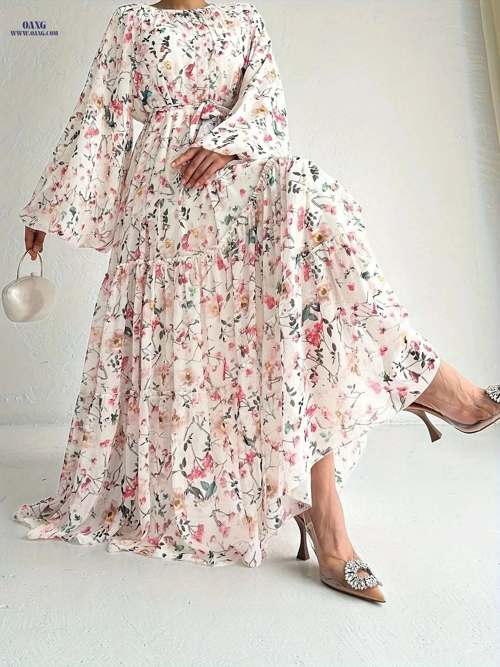 Elegant Floral Print Maxi Kaftan Dress - Long Sleeve Women's Fashion   OAXG Peach / XL