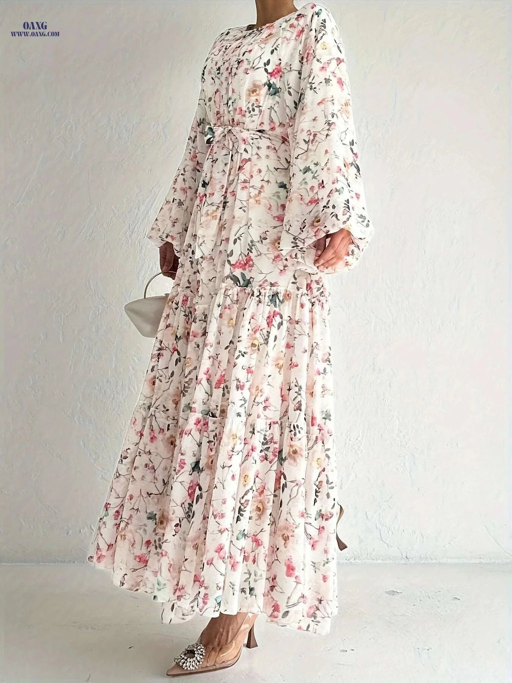 Elegant Floral Print Maxi Kaftan Dress - Long Sleeve Women's Fashion   OAXG Peach / XL