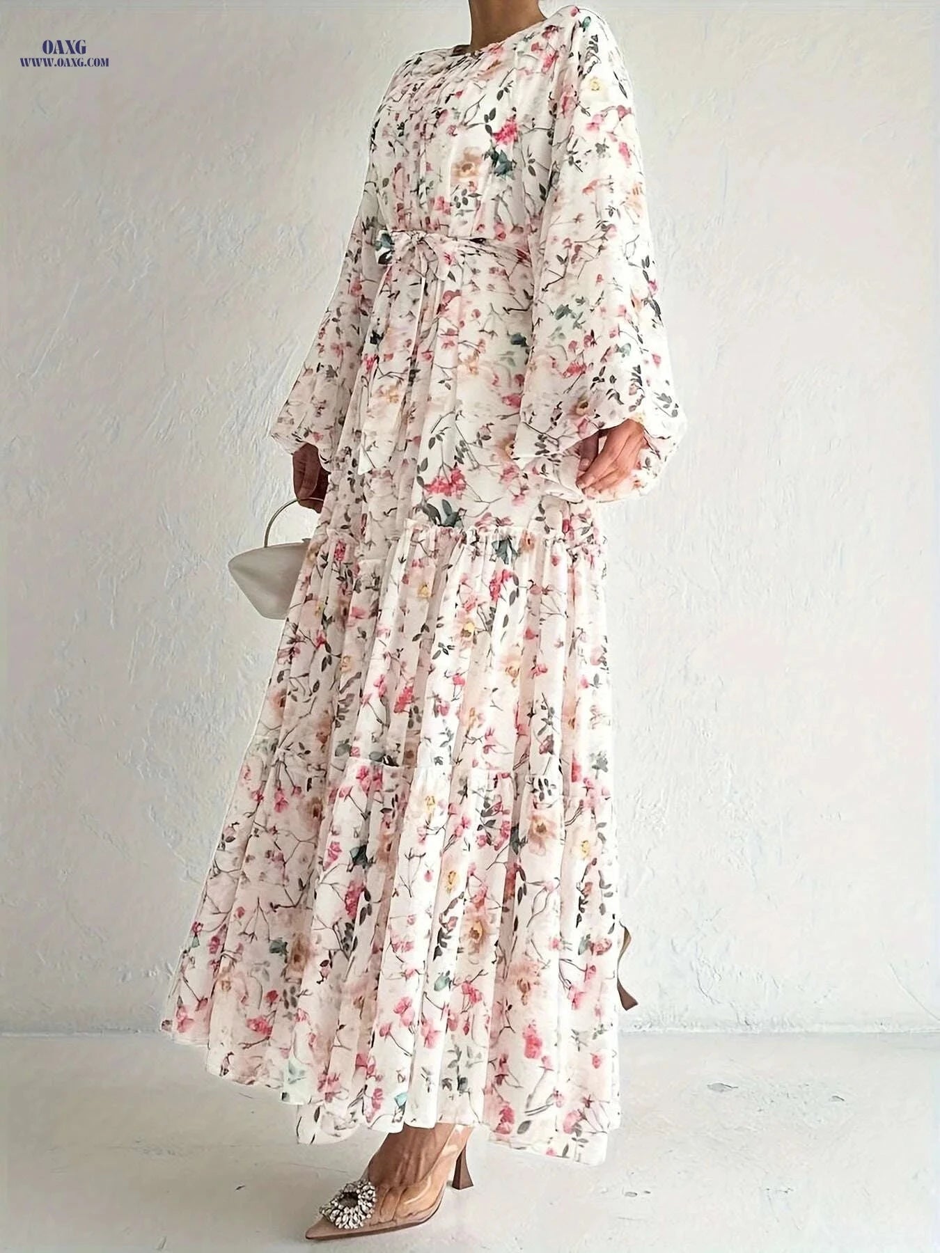 Elegant Floral Print Maxi Kaftan Dress - Long Sleeve Women's Fashion   OAXG Peach / XL