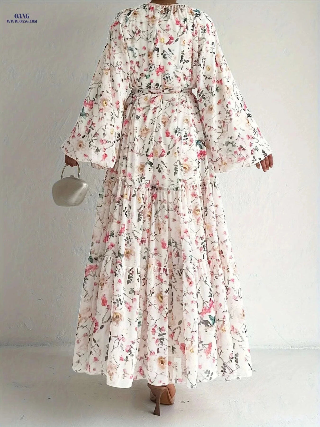 Elegant Floral Print Maxi Kaftan Dress - Long Sleeve Women's Fashion   OAXG Peach / XL