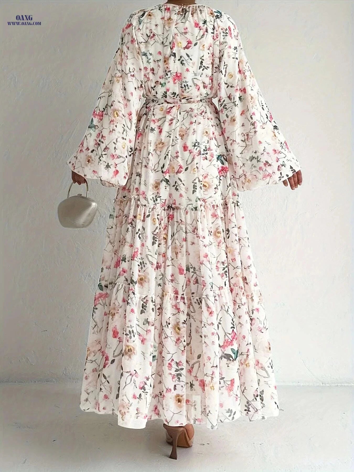 Elegant Floral Print Maxi Kaftan Dress - Long Sleeve Women's Fashion   OAXG Peach / XL