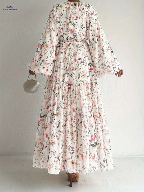 Elegant Floral Print Maxi Kaftan Dress - Long Sleeve Women's Fashion   OAXG Peach / XL
