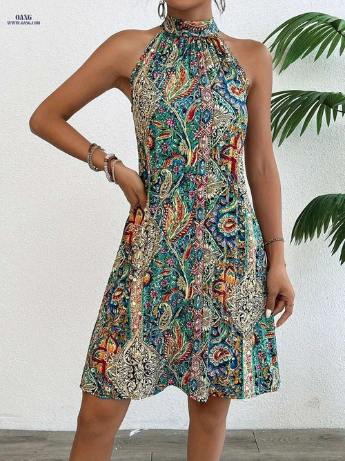 Elegant Floral Print Pleated Dress - Sleeveless Summer Tunic   OAXG Multicolor / S