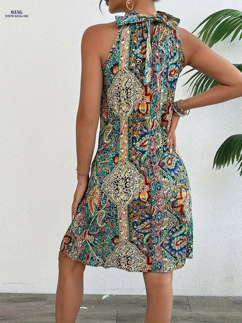 Elegant Floral Print Pleated Dress - Sleeveless Summer Tunic   OAXG Multicolor / S