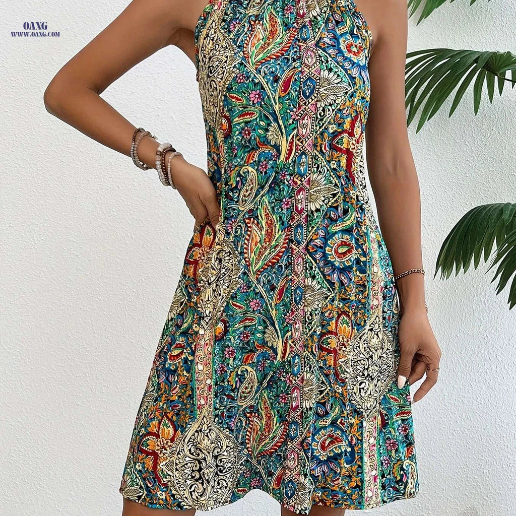 Elegant Floral Print Pleated Dress - Sleeveless Summer Tunic   OAXG 