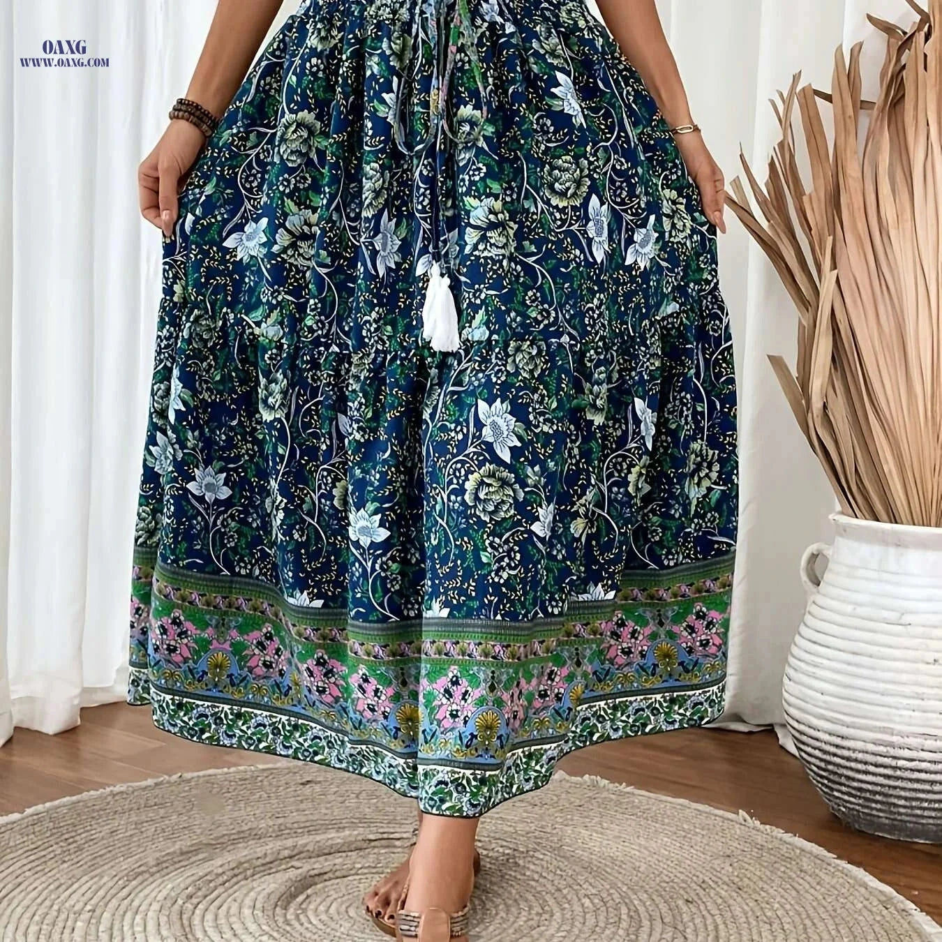 Elegant Floral Print Pleated Tie Waist Skirt - Light Blue, Spring Style   OAXG 