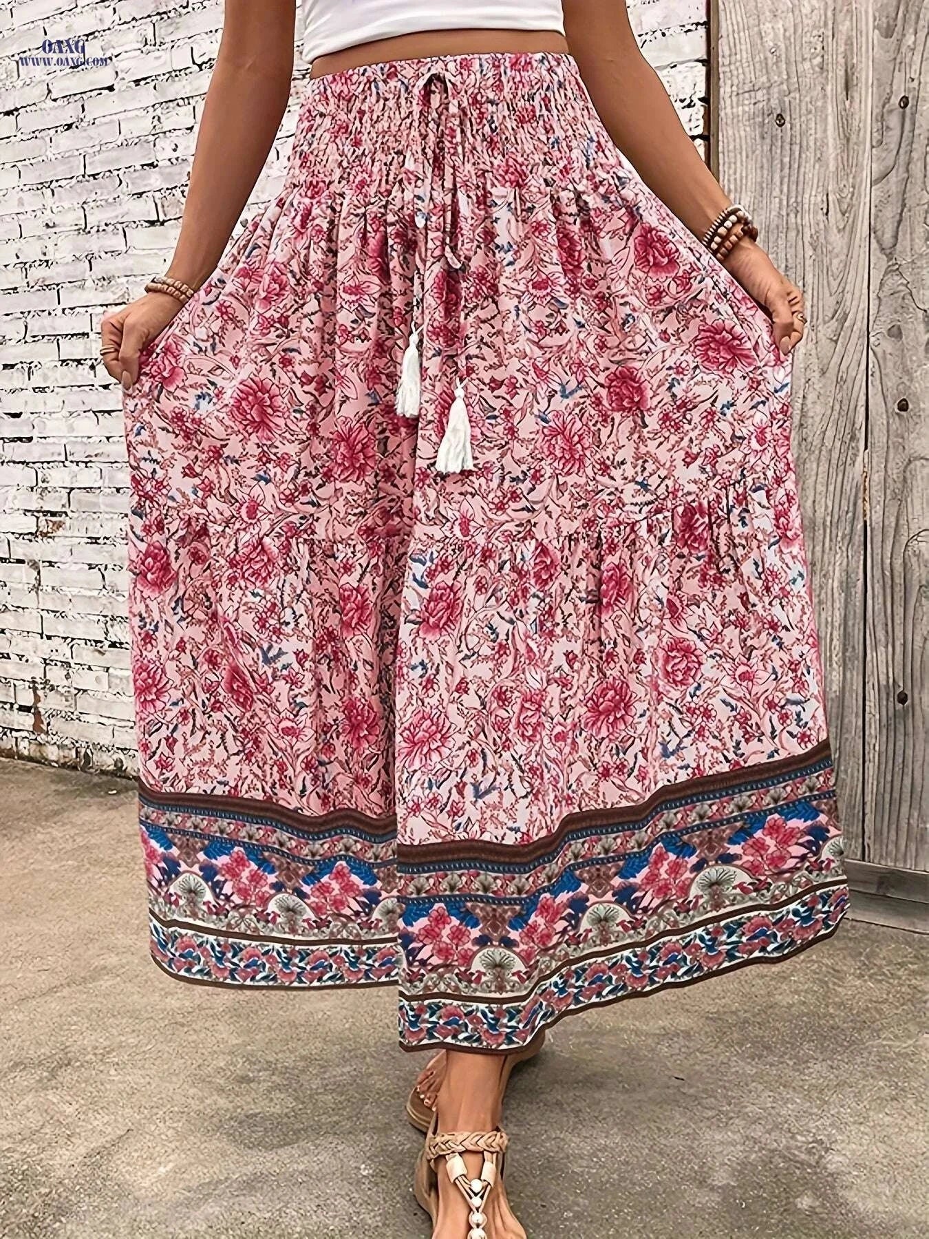 Elegant Floral Print Pleated Tie Waist Skirt - Light Blue, Spring Style   OAXG 
