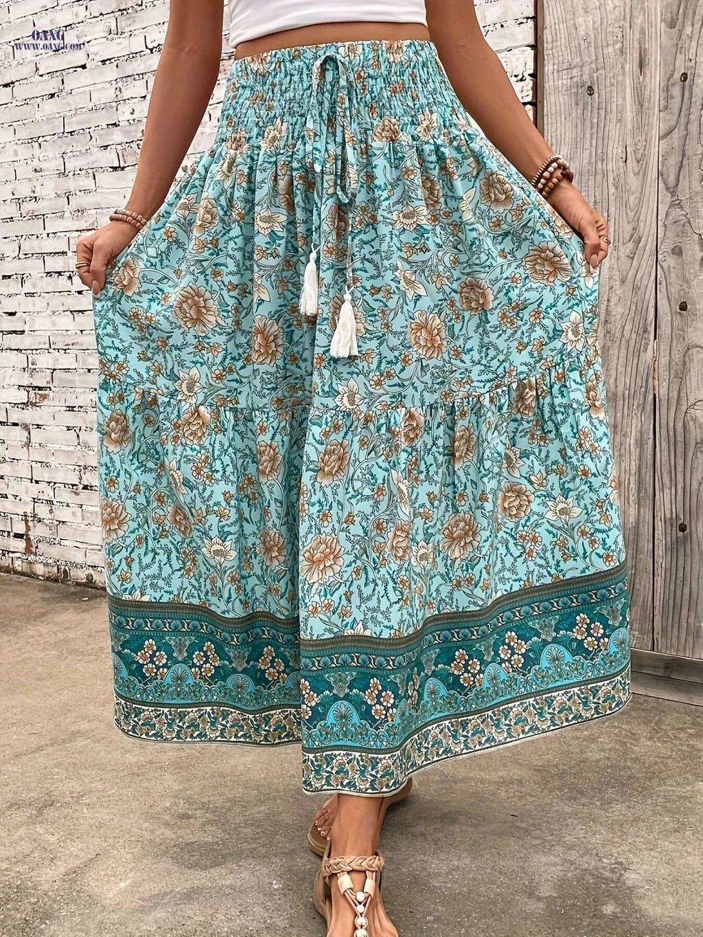 Elegant Floral Print Pleated Tie Waist Skirt - Light Blue, Spring Style   OAXG 