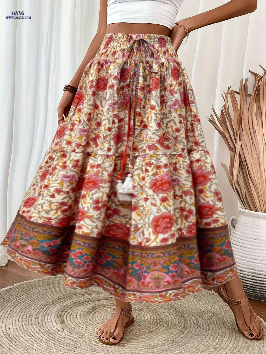 Elegant Floral Print Pleated Tie Waist Skirt - Light Blue, Spring Style   OAXG Multicolor / S