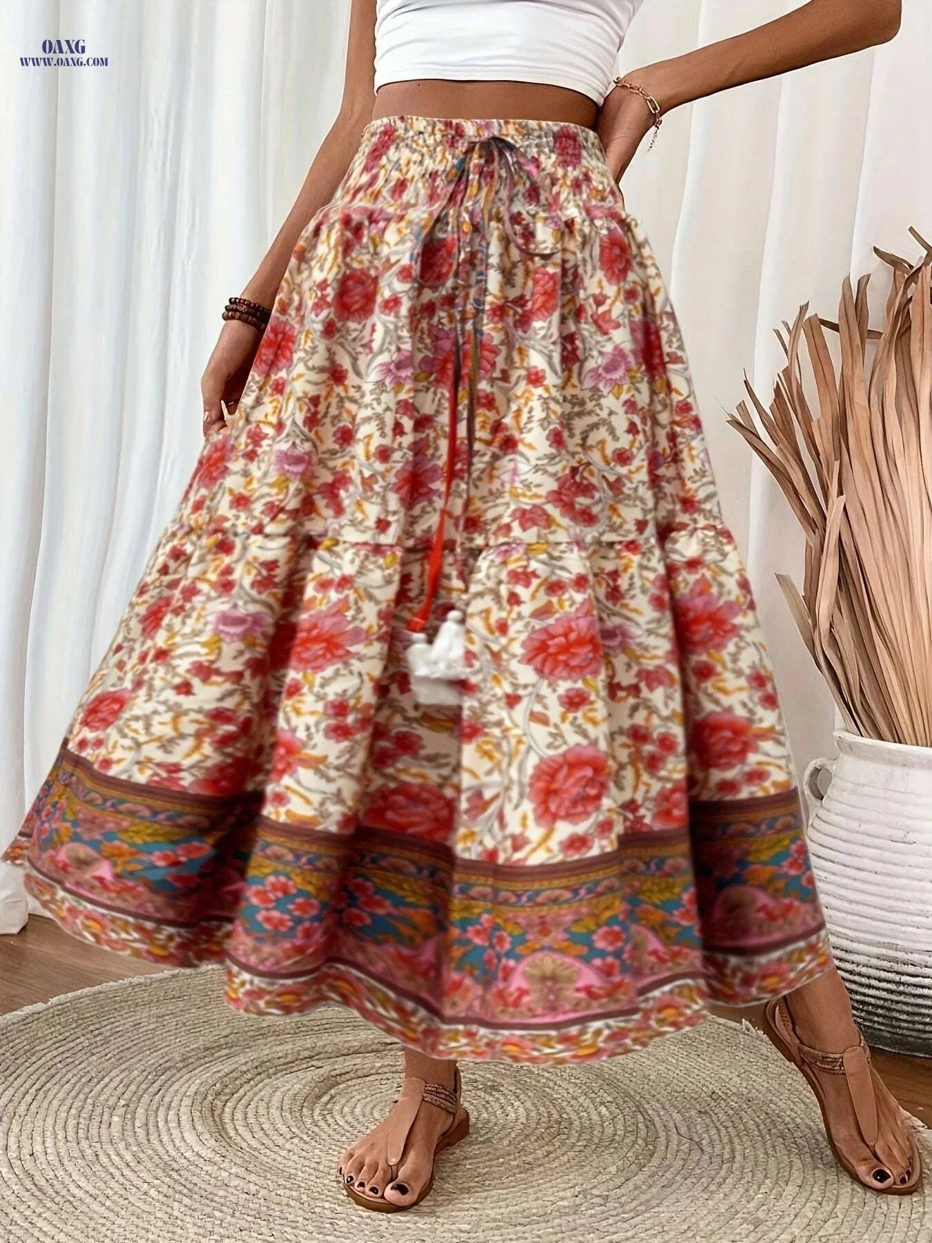Elegant Floral Print Pleated Tie Waist Skirt - Light Blue, Spring Style   OAXG Multicolor / S
