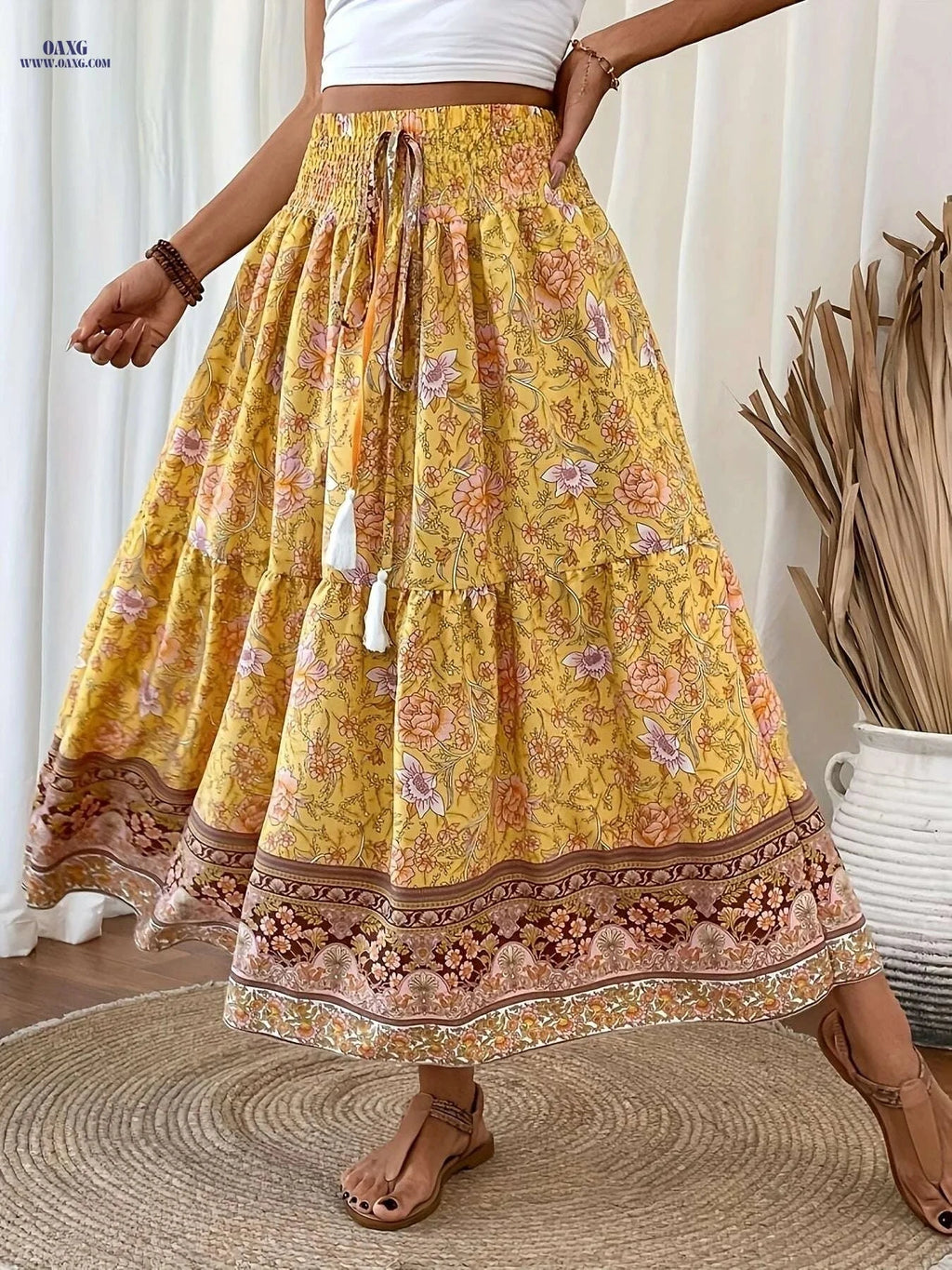 Elegant Floral Print Pleated Tie Waist Skirt - Light Blue, Spring Style   OAXG Multicolor / S
