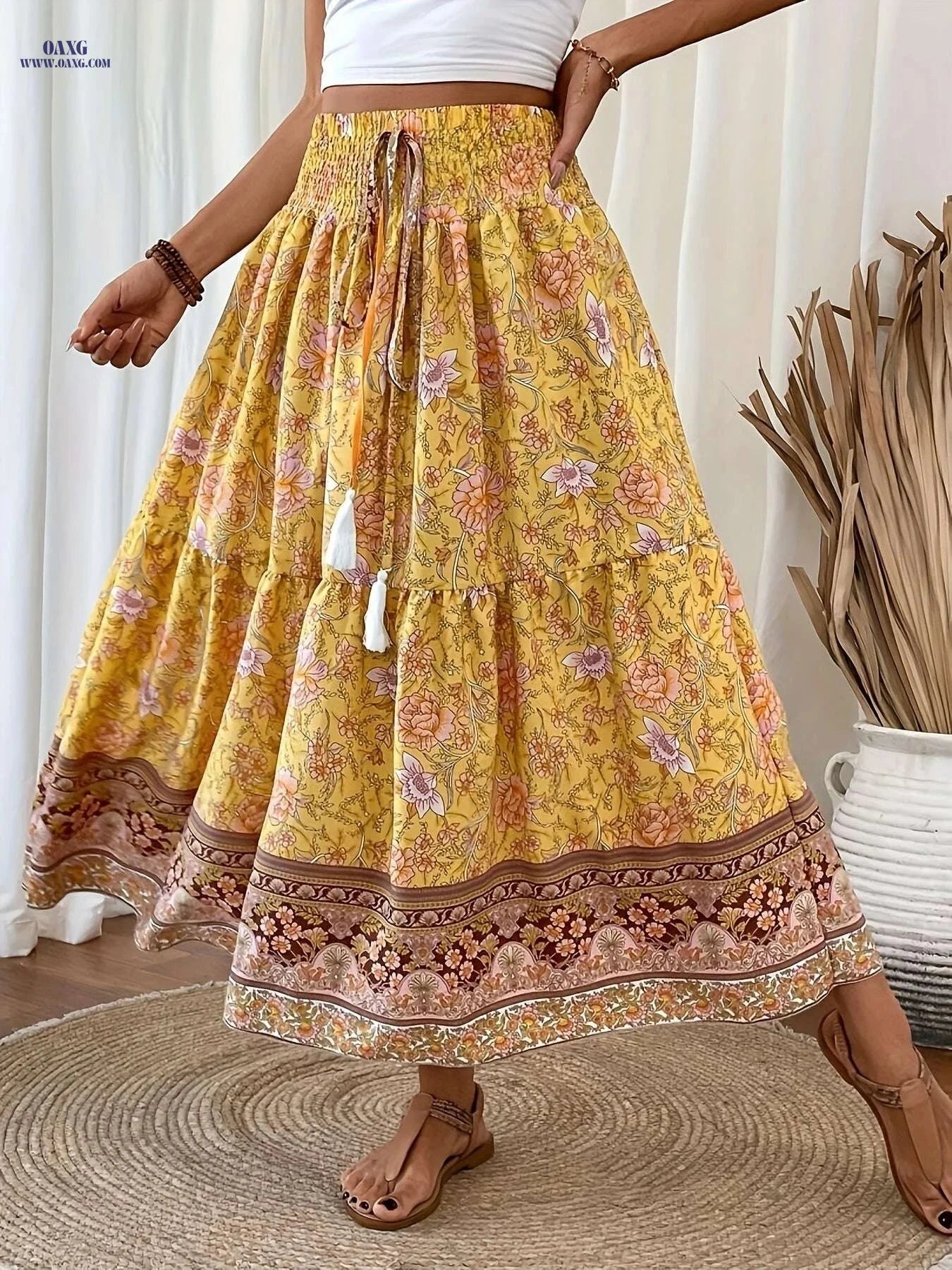 Elegant Floral Print Pleated Tie Waist Skirt - Light Blue, Spring Style   OAXG Multicolor / S