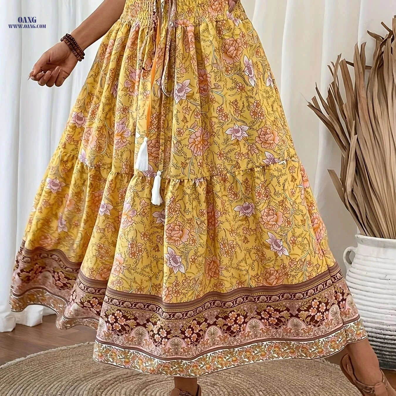 Elegant Floral Print Pleated Tie Waist Skirt - Light Blue, Spring Style   OAXG Multicolor / S