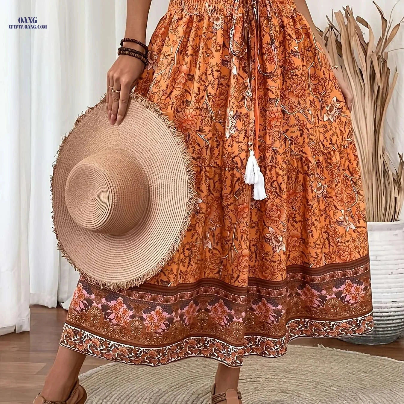 Elegant Floral Print Pleated Tie Waist Skirt - Light Blue, Spring Style   OAXG Multicolor / S