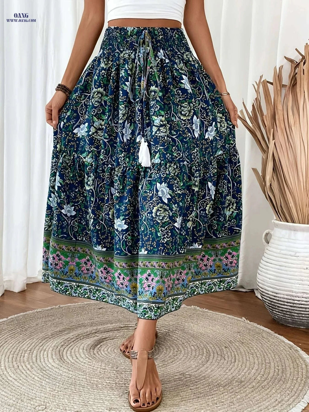 Elegant Floral Print Pleated Tie Waist Skirt - Light Blue, Spring Style   OAXG Multicolor / S