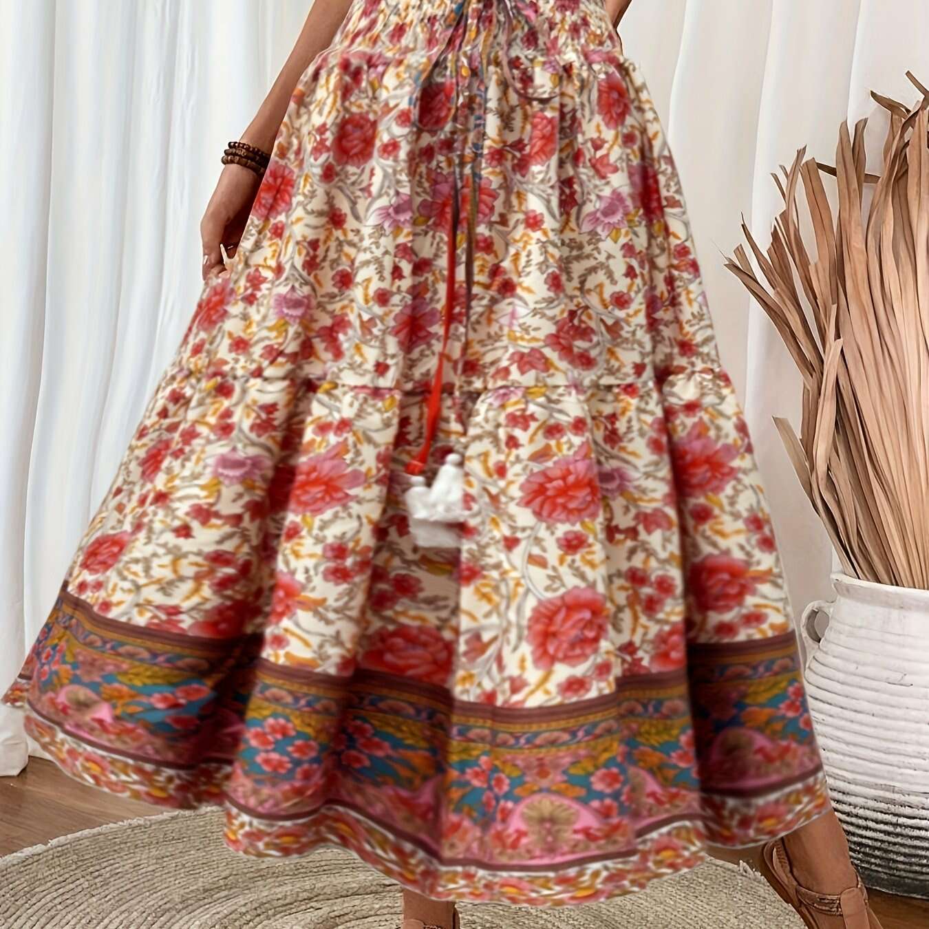 Elegant Floral Print Pleated Tie Waist Skirt - Light Blue, Spring Style   OAXG 