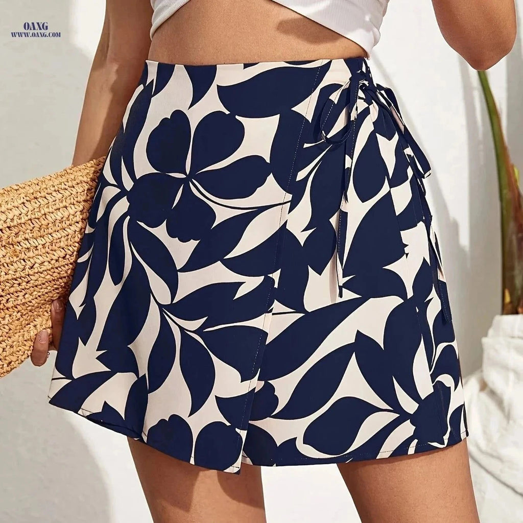 Elegant Floral Print Short Skirt Pants for Women - Drawstring Waist   OAXG Navy Color / S
