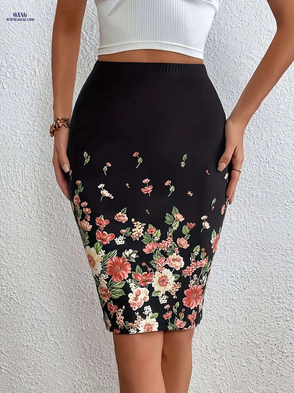 Elegant Floral Print Skirt - Comfortable Poly-Spandex Blend for All Seasons   OAXG 