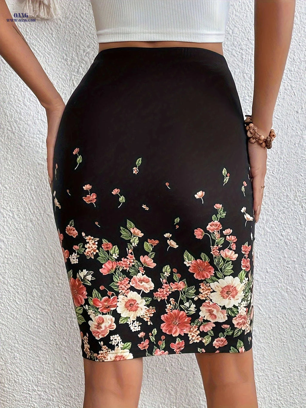 Elegant Floral Print Skirt - Comfortable Poly-Spandex Blend for All Seasons   OAXG 