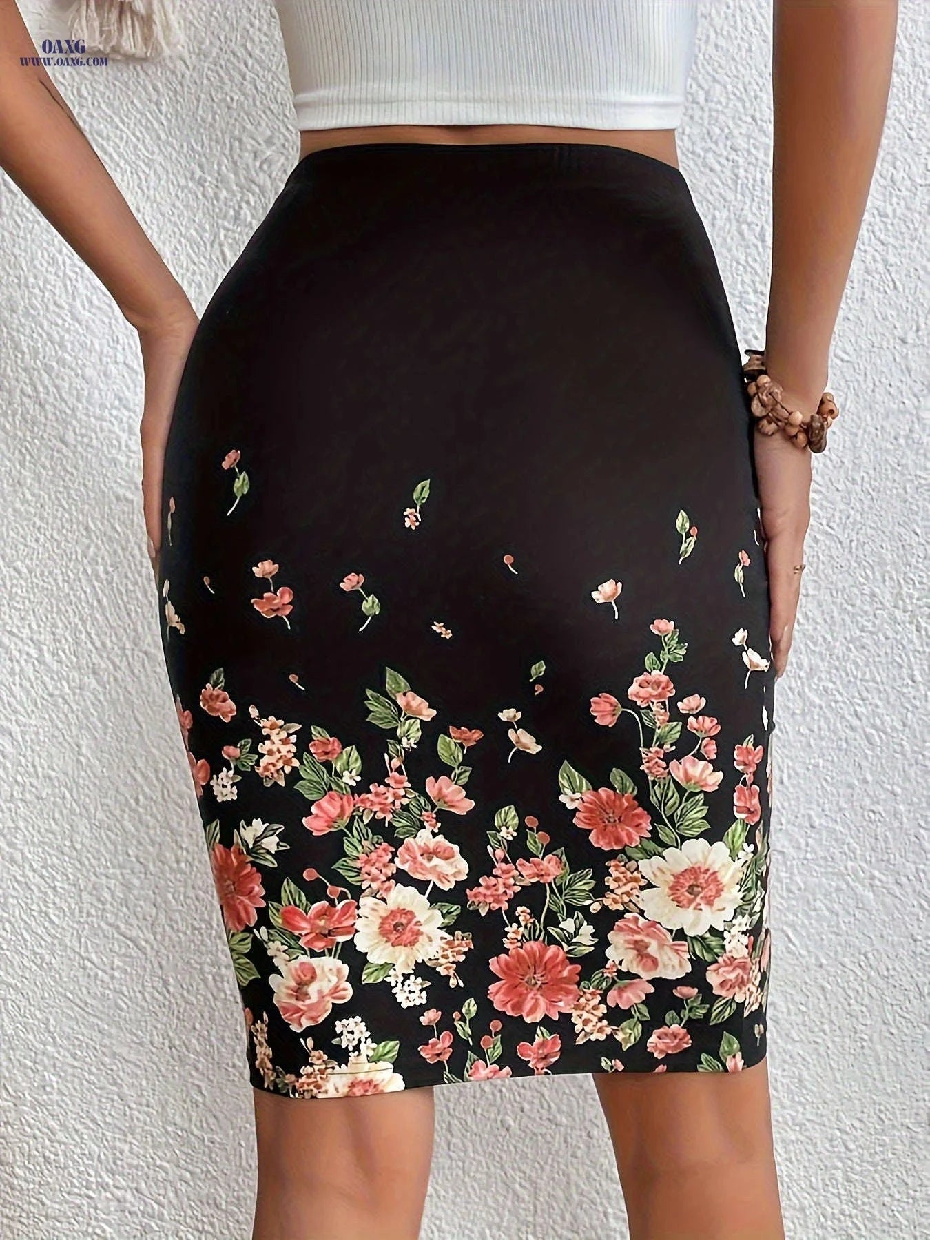 Elegant Floral Print Skirt - Comfortable Poly-Spandex Blend for All Seasons   OAXG 