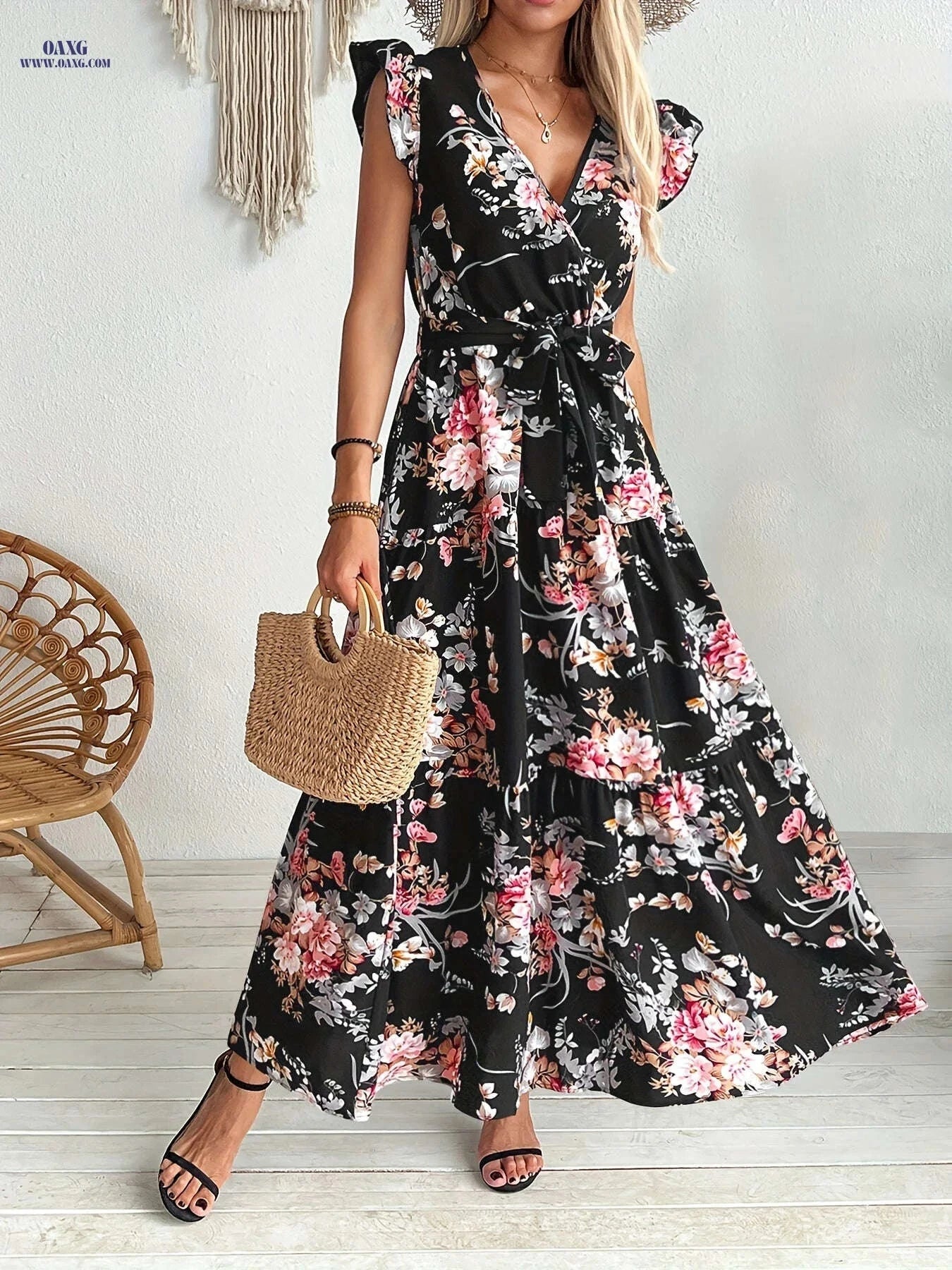 Elegant Floral Print Swing Dress - Women's Ruffle Sleeve Summer Style   OAXG 
