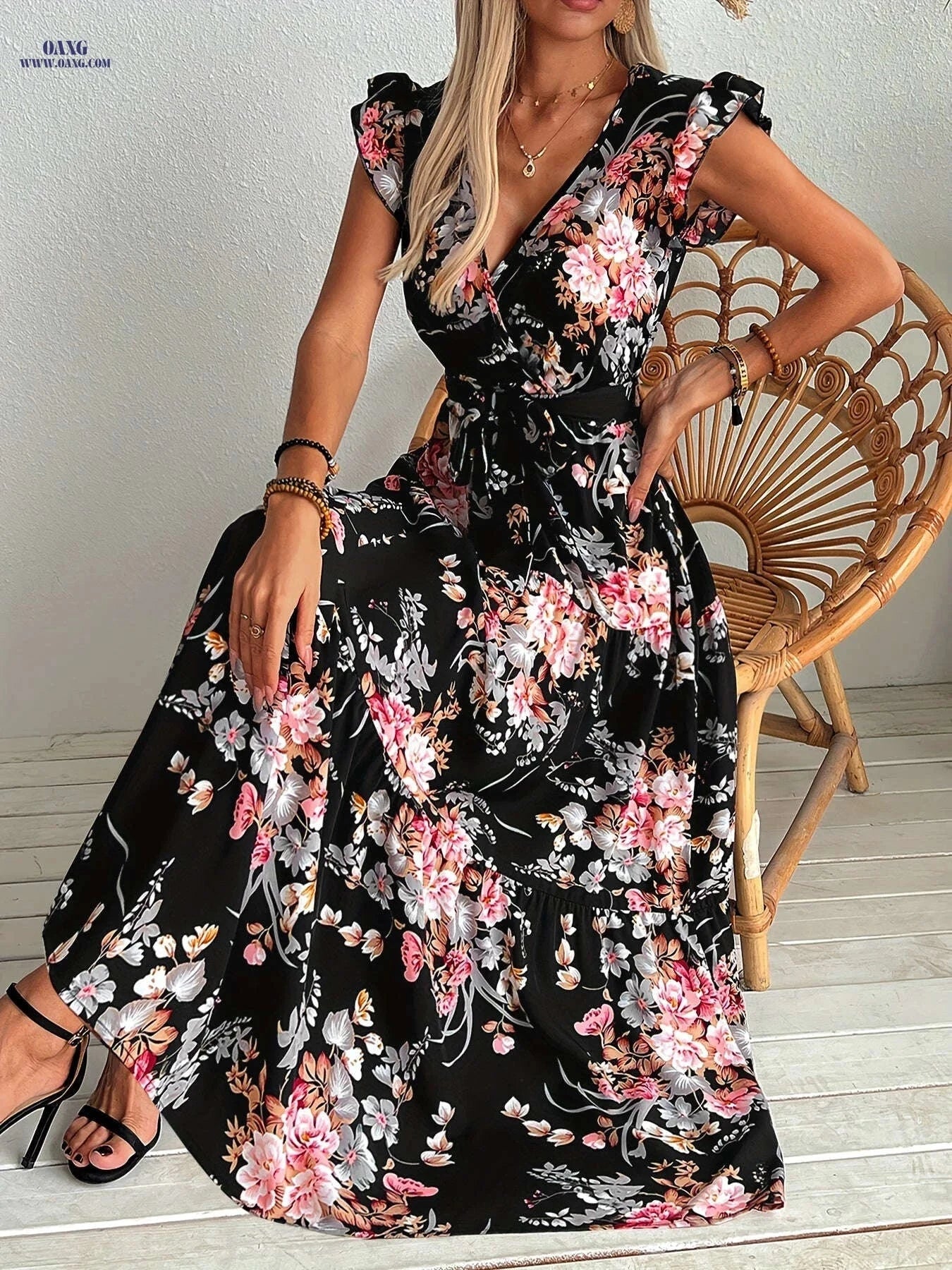 Elegant Floral Print Swing Dress - Women's Ruffle Sleeve Summer Style   OAXG 