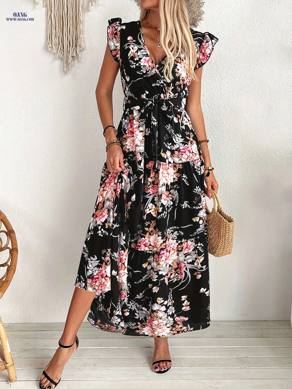 Elegant Floral Print Swing Dress - Women's Ruffle Sleeve Summer Style   OAXG 