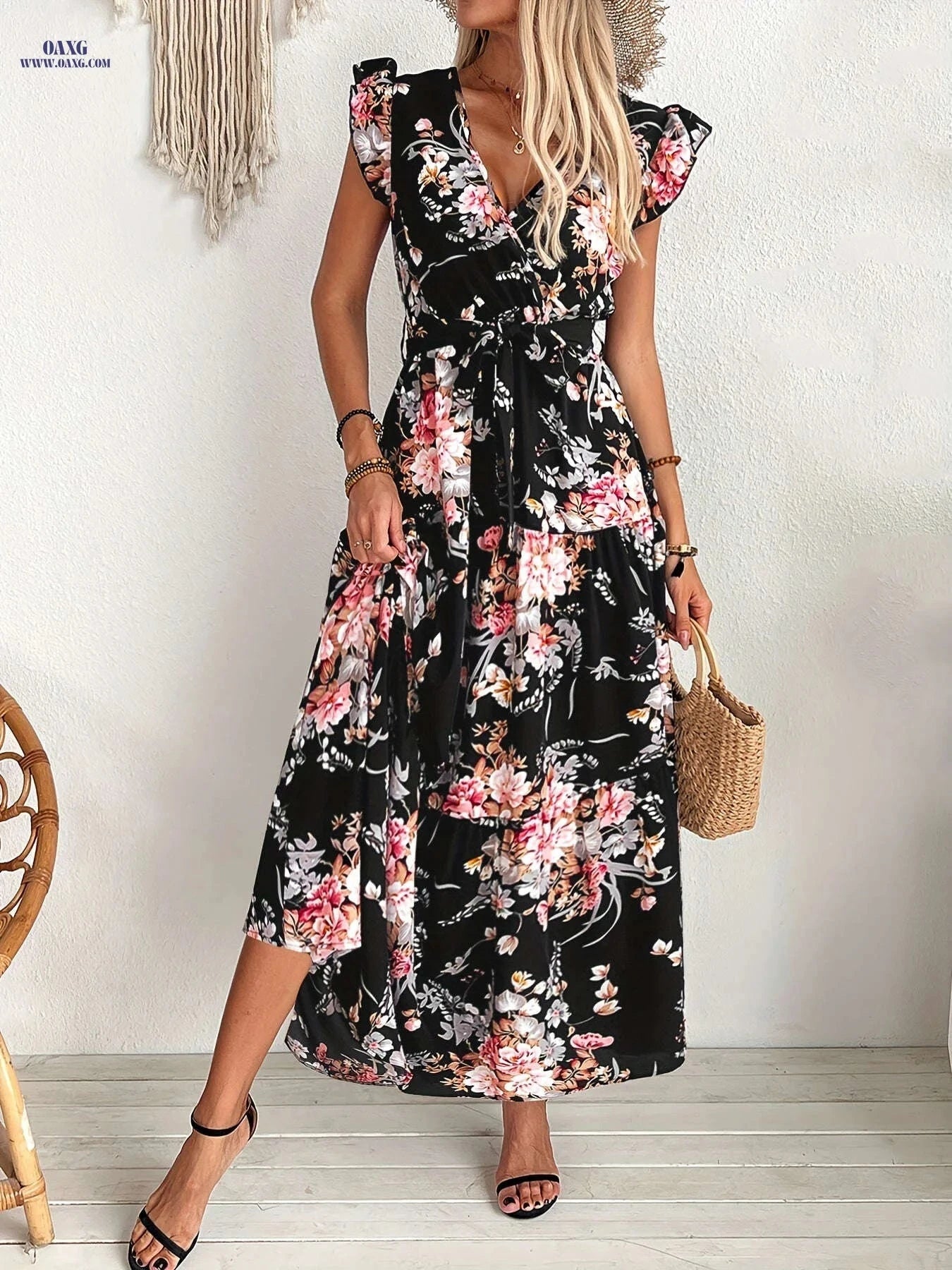 Elegant Floral Print Swing Dress - Women's Ruffle Sleeve Summer Style   OAXG 