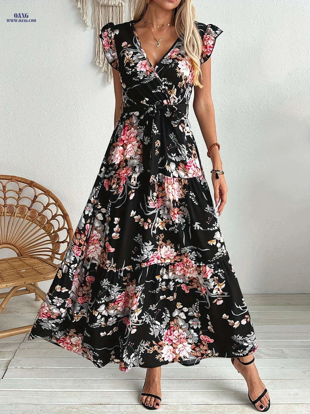 Elegant Floral Print Swing Dress - Women's Ruffle Sleeve Summer Style   OAXG 【Multicolor】 / S