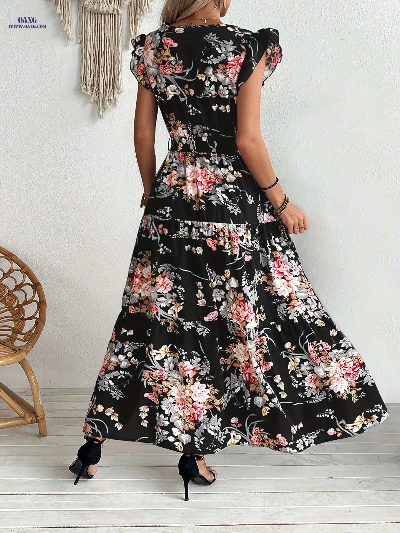 Elegant Floral Print Swing Dress - Women's Ruffle Sleeve Summer Style   OAXG 