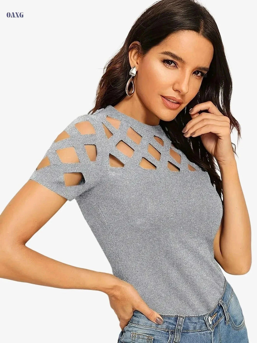 Elegant Floral Print T-Shirt for Women - High Elasticity, Spring/Summer   OAXG Black / XS