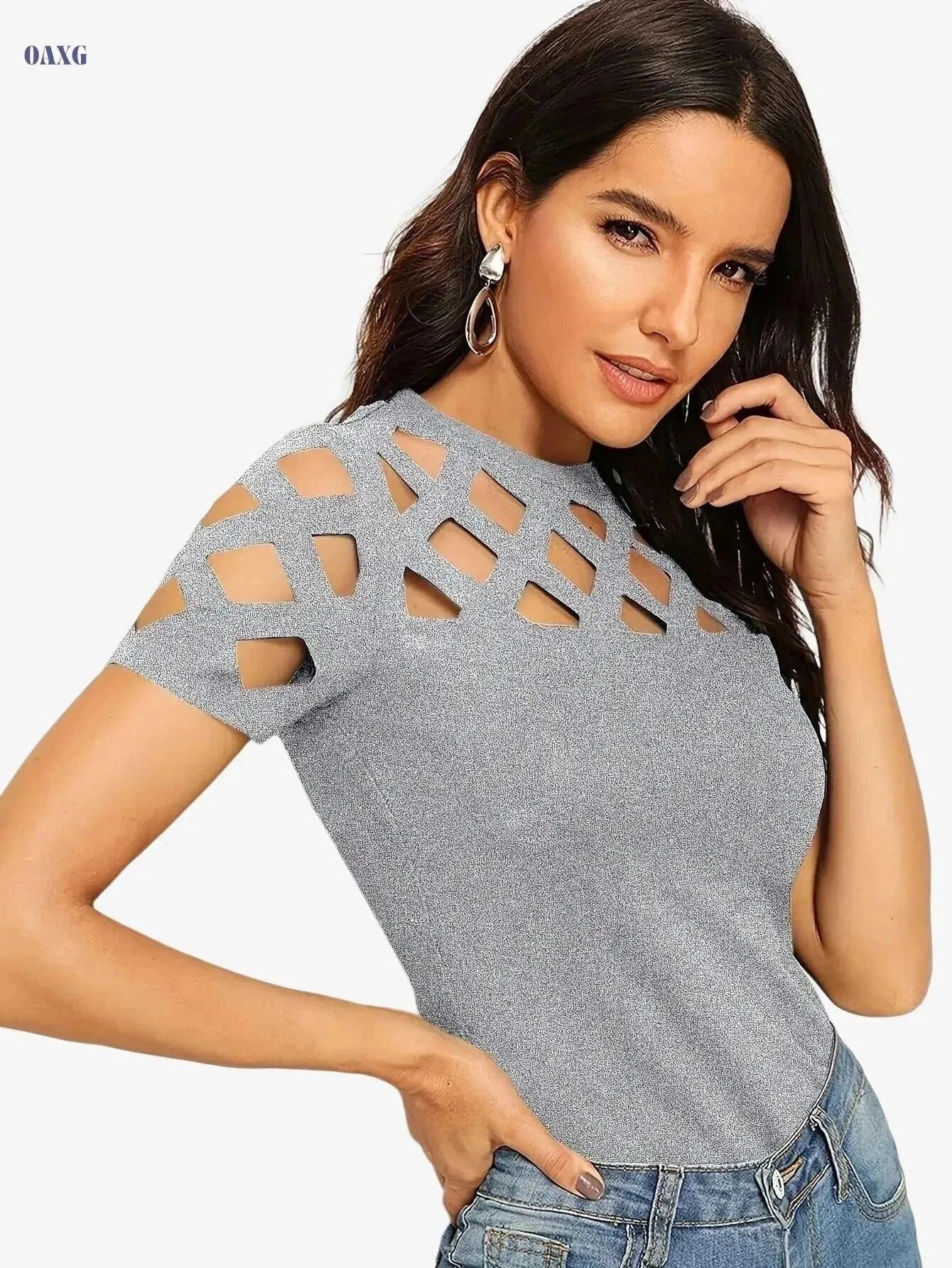 Elegant Floral Print T-Shirt for Women - High Elasticity, Spring/Summer   OAXG Black / XS