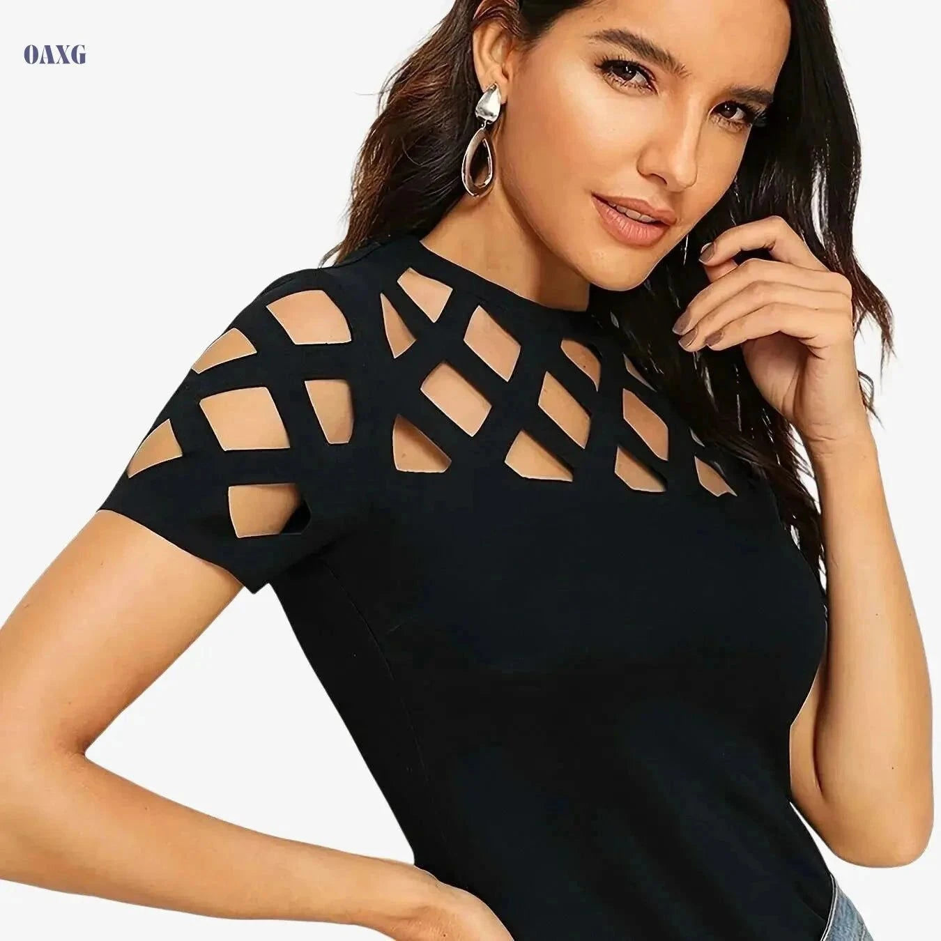 Elegant Floral Print T-Shirt for Women - High Elasticity, Spring/Summer   OAXG Black / XS