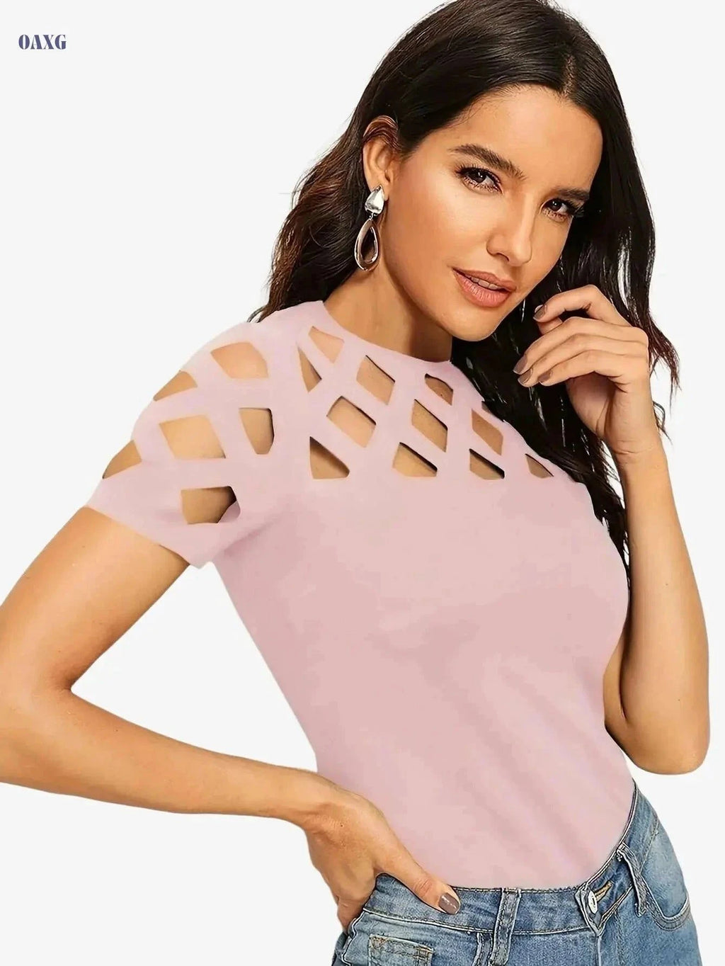 Elegant Floral Print T-Shirt for Women - High Elasticity, Spring/Summer   OAXG Black / XS