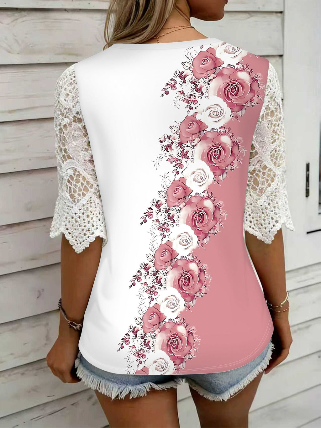 Elegant Floral Print V-Neck Ruffle Pocket T-Shirt for Women, Soft and Breathable, Fashionable Everyday Wear, Regular Length, All Seasons, Comfortable and Stylish Top   OAXG Mixed colors / S