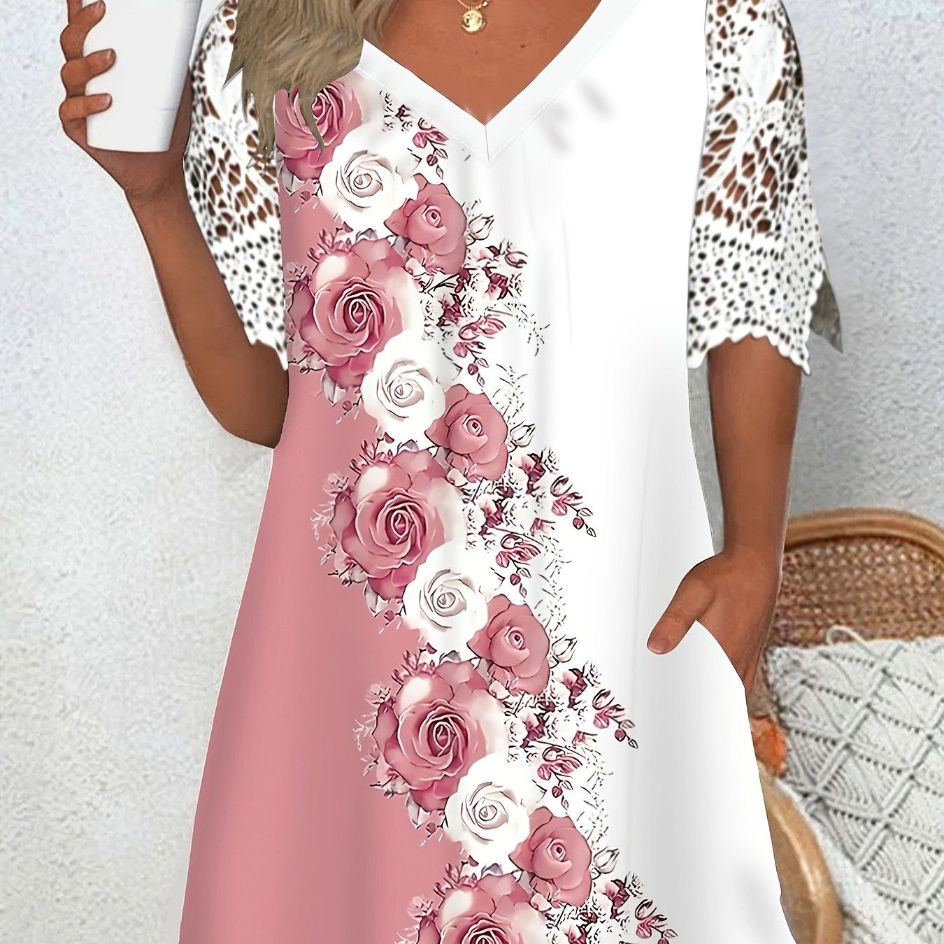 Elegant Floral Print V-Neck Ruffle Pocket T-Shirt for Women, Soft and Breathable, Fashionable Everyday Wear, Regular Length, All Seasons, Comfortable and Stylish Top   OAXG Mixed colors / S