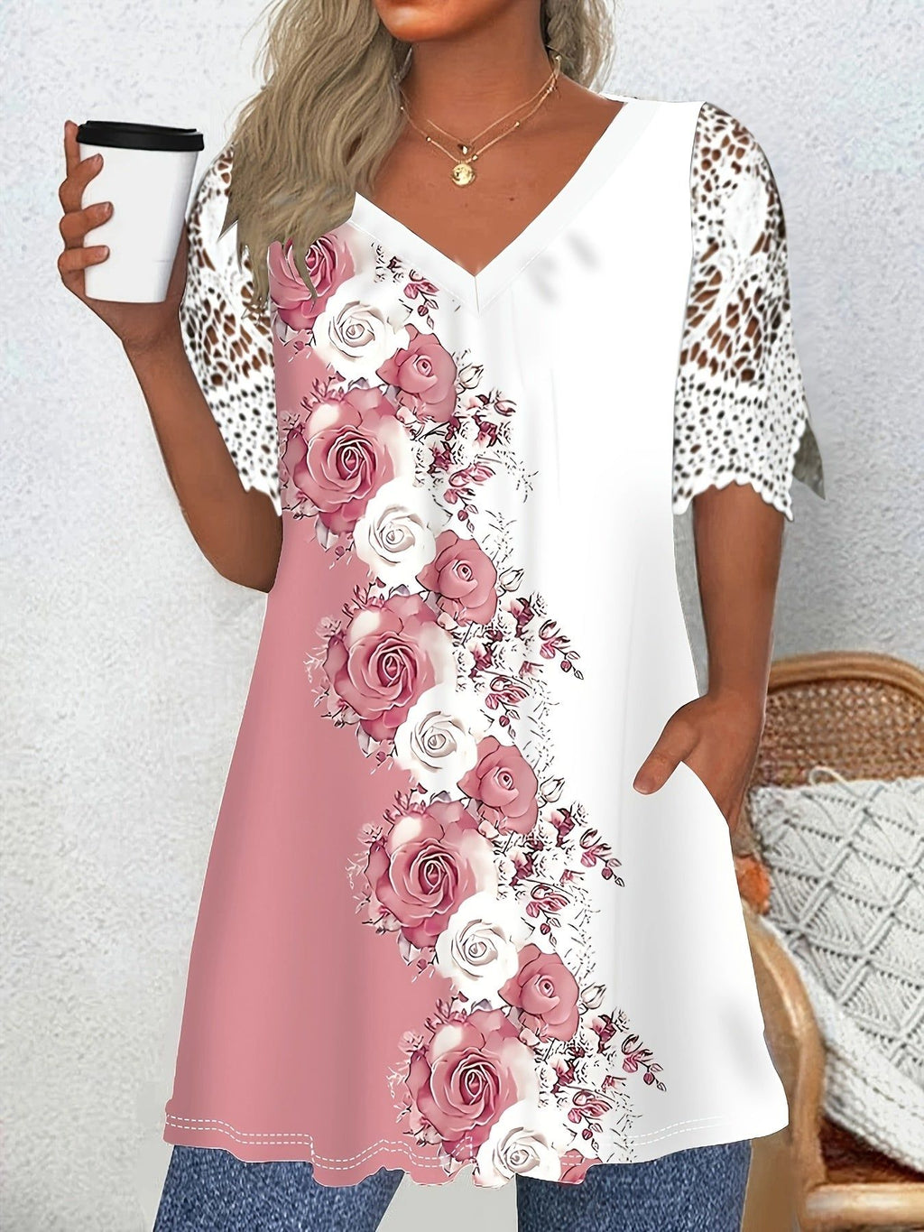 Elegant Floral Print V-Neck Ruffle Pocket T-Shirt for Women, Soft and Breathable, Fashionable Everyday Wear, Regular Length, All Seasons, Comfortable and Stylish Top   OAXG Mixed colors / S