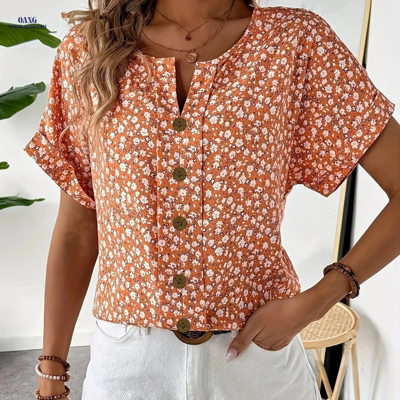 Elegant Floral Print V-Neck Shirt - Relaxed Fit, Summer Style   OAXG Pink / S