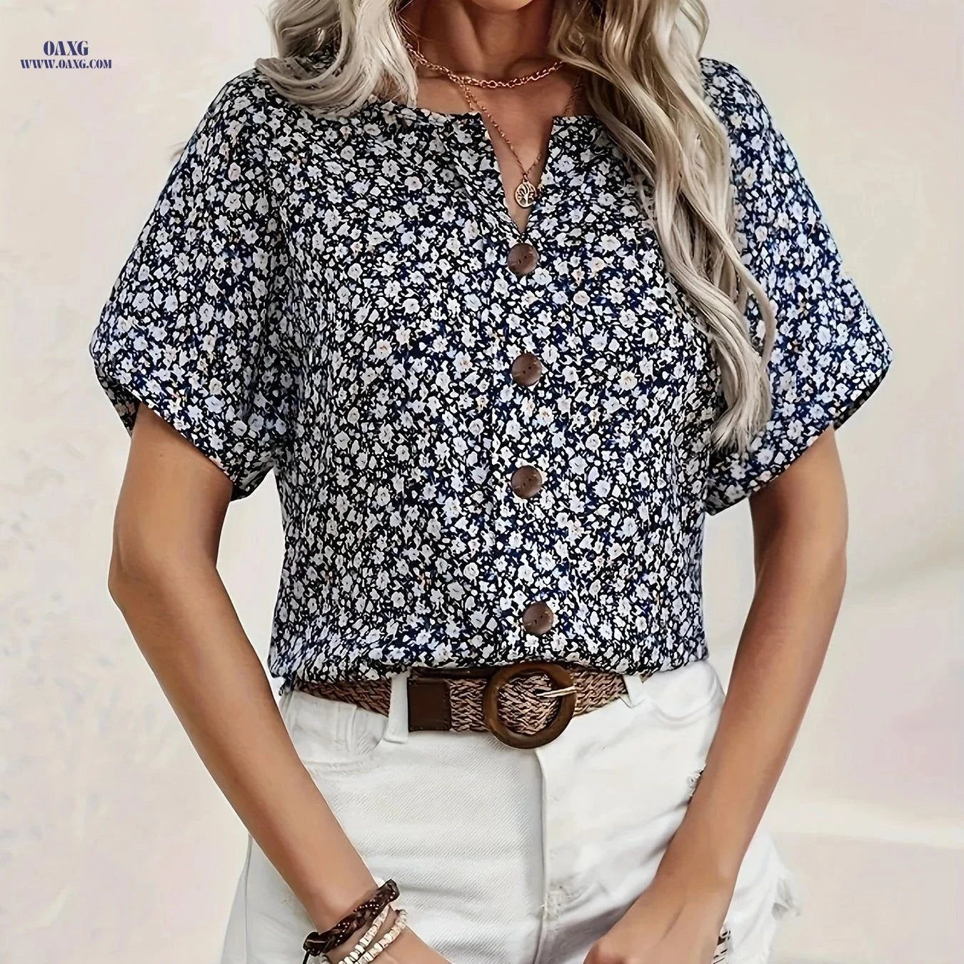Elegant Floral Print V-Neck Shirt - Relaxed Fit, Summer Style   OAXG Pink / S