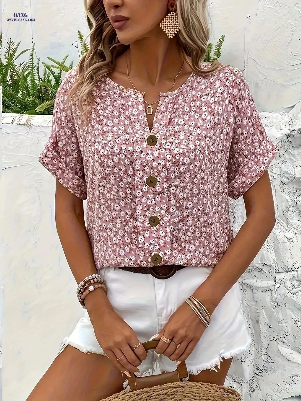 Elegant Floral Print V-Neck Shirt - Relaxed Fit, Summer Style   OAXG Pink / S